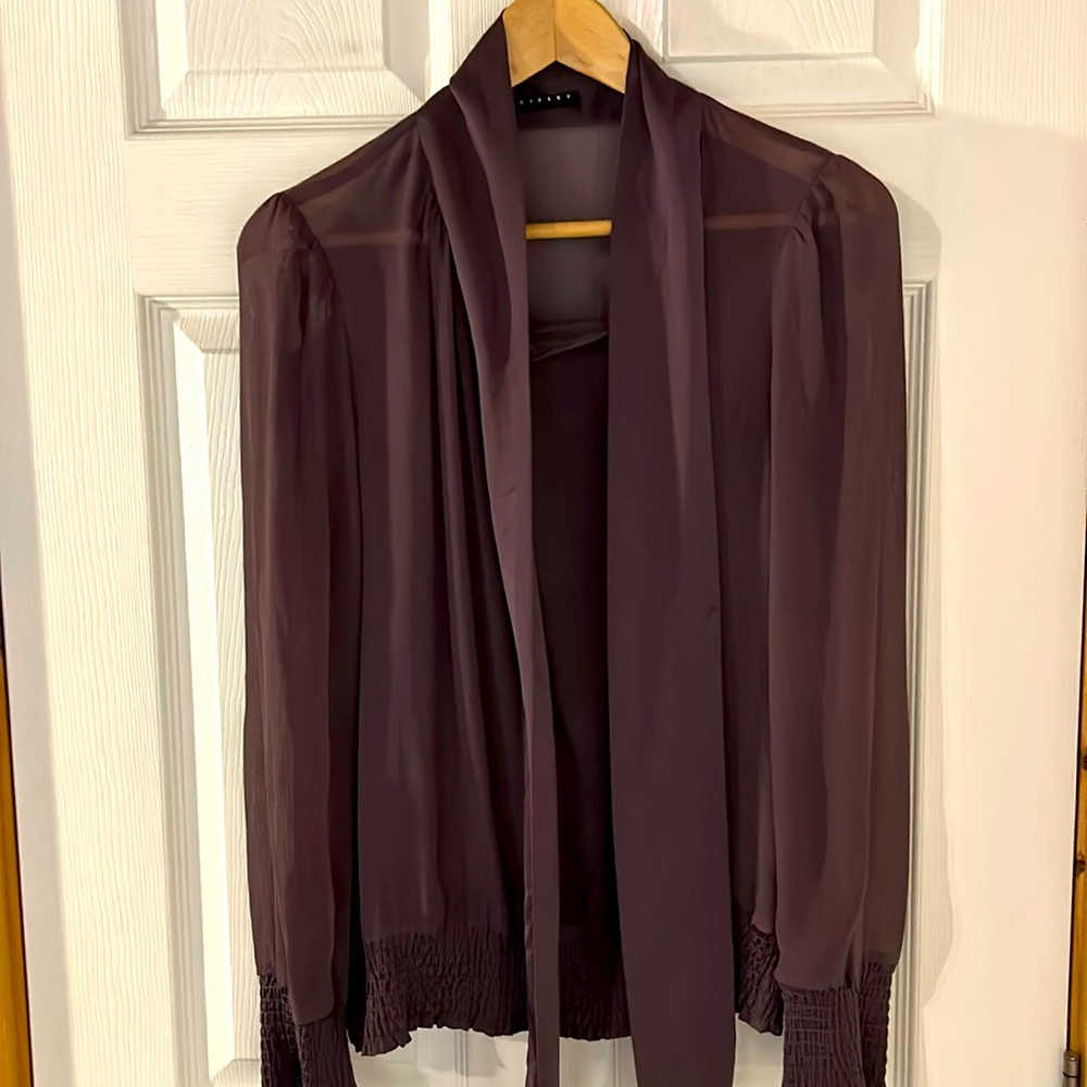 Elegant sheer purple blouse with satiny tie and high neck. Size medium.